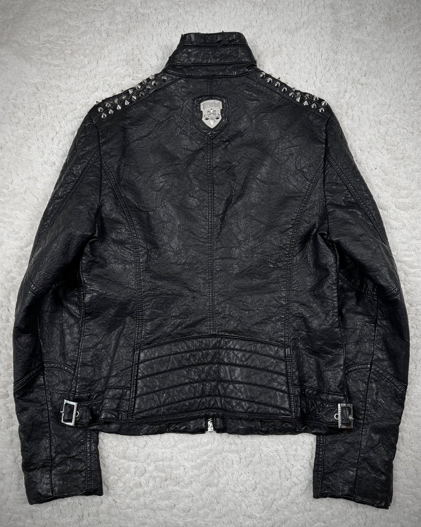 Affliction Spike Studded Metal Badge Leather Jacket