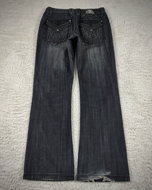 Rebel Spirit Crown Embroidered Flap Pockets Bootcut Denim