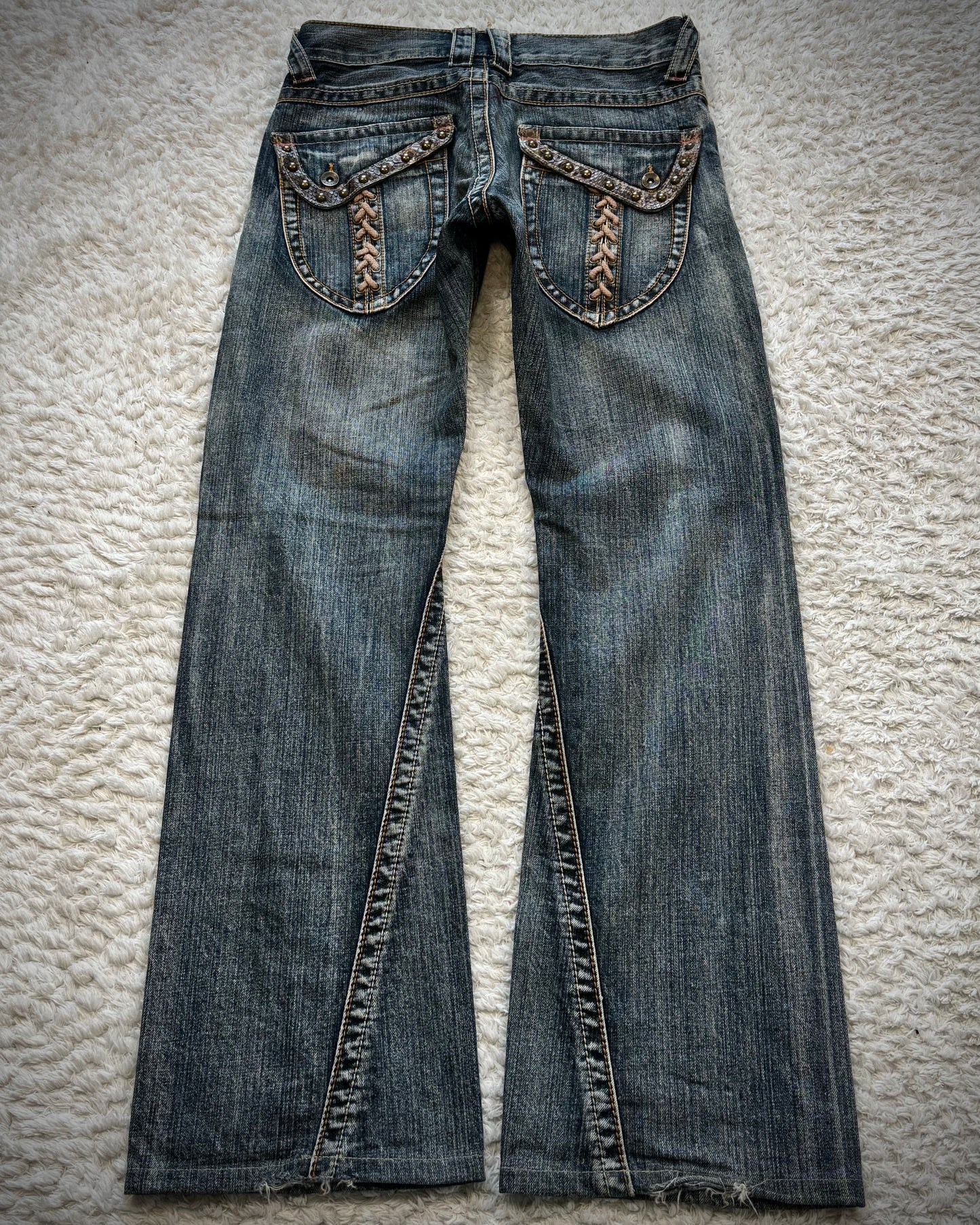 Semantic Design Python Detailed Lace Up Pocket Spiral Flared Jeans