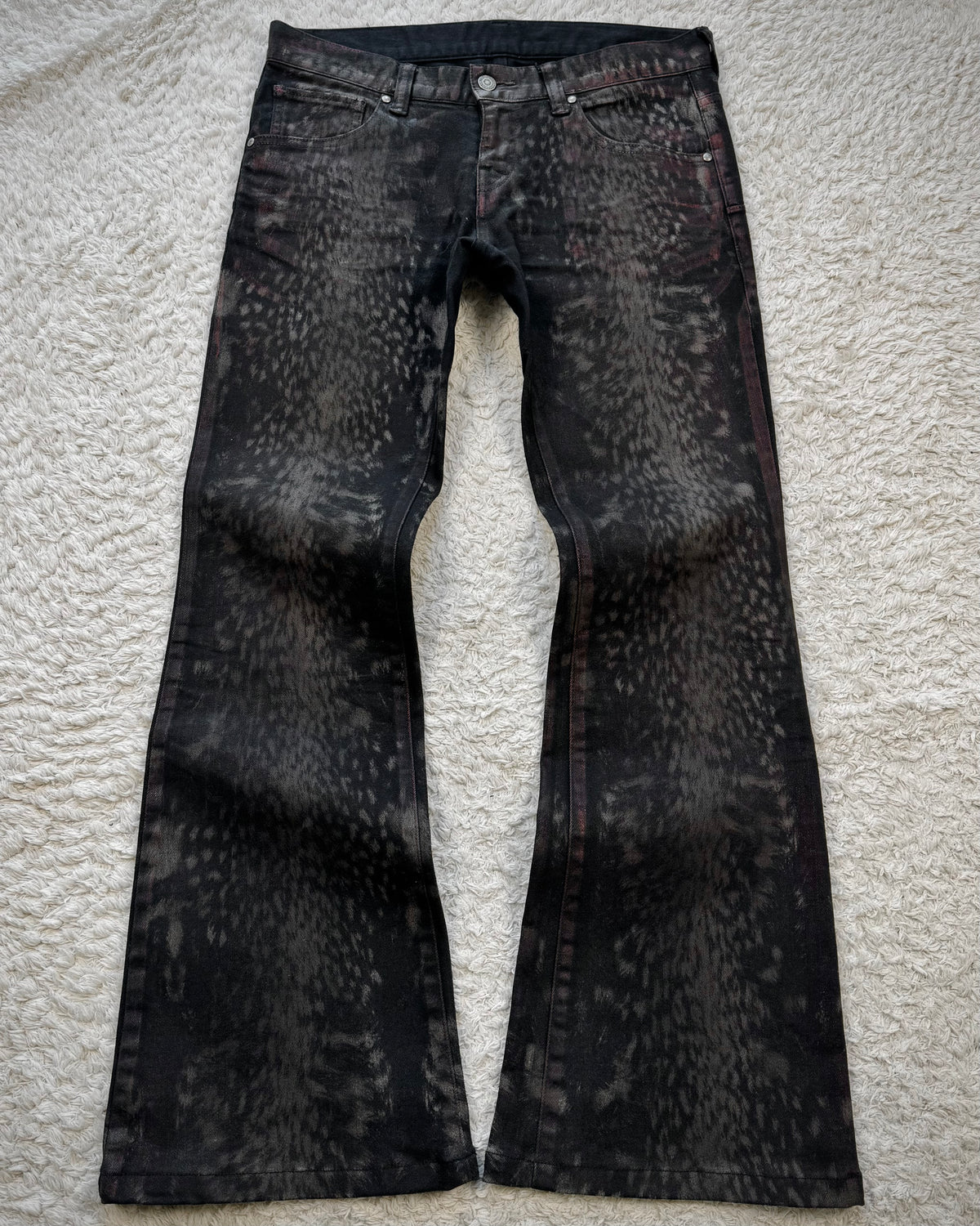 Tornado Mart Crimson Leopard Waxed Flared Jeans