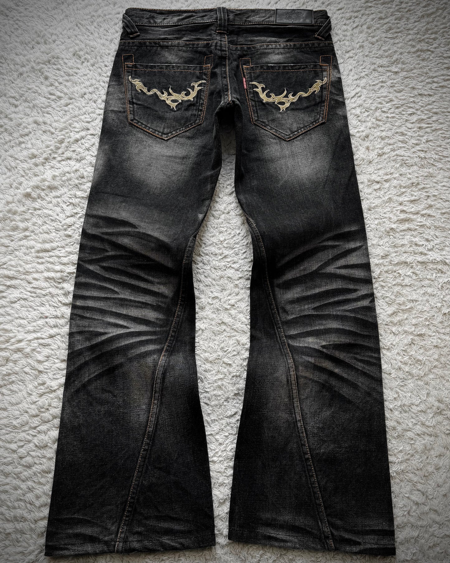 Tornado Mart Tribal Embroidery Whiskered Spiral Flared Jeans