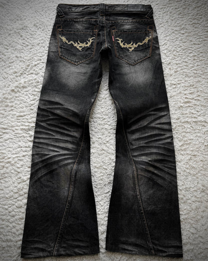 Tornado Mart Tribal Embroidery Whiskered Spiral Flared Jeans