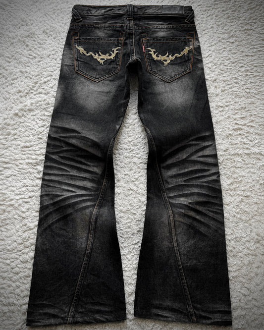 Tornado Mart Tribal Embroidery Whiskered Spiral Flared Jeans