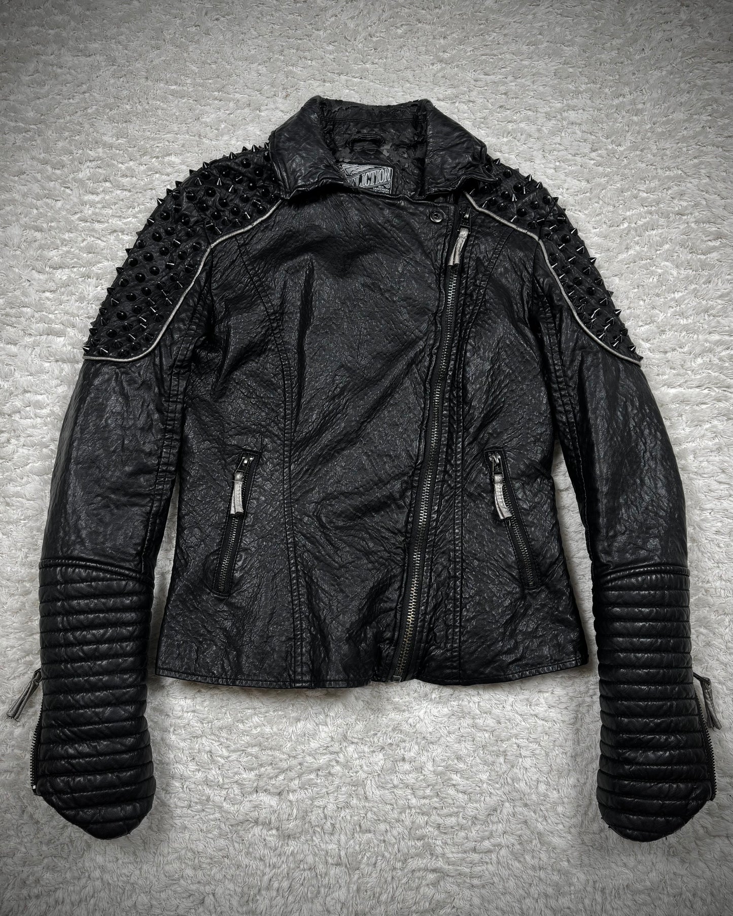 Affliction Spike Studded Metal Badge Leather Jacket