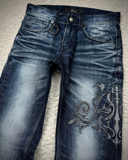 Midas Clawmarks Silver Tribal Embroidery Flared Jeans