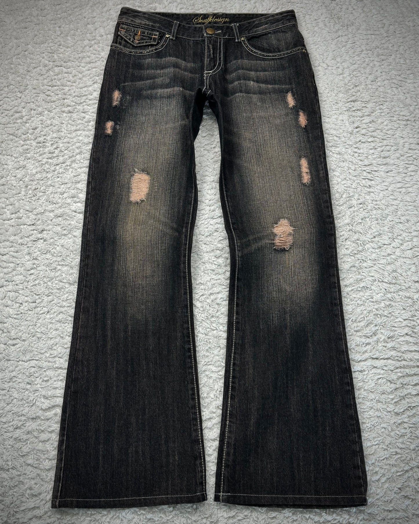 Snuff Studded Flap Pockets Flared Jeans