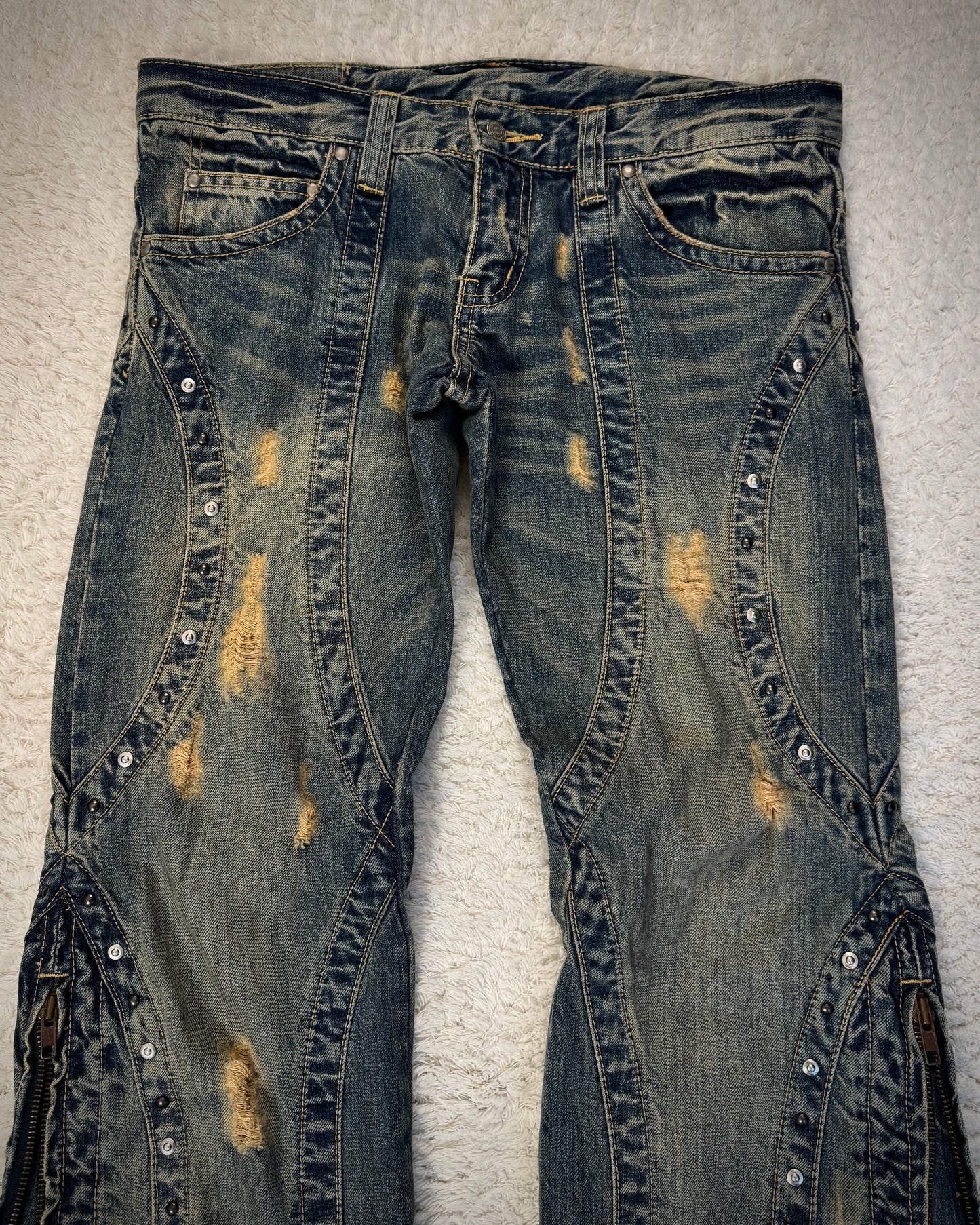 Tornado Mart Studded Mud Washed Zipper Flared Jeans