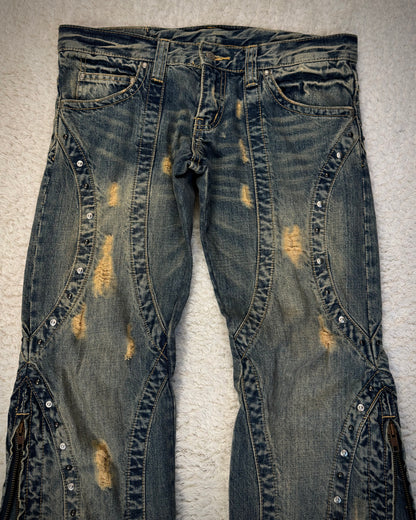 Tornado Mart Studded Mud Washed Zipper Flared Jeans