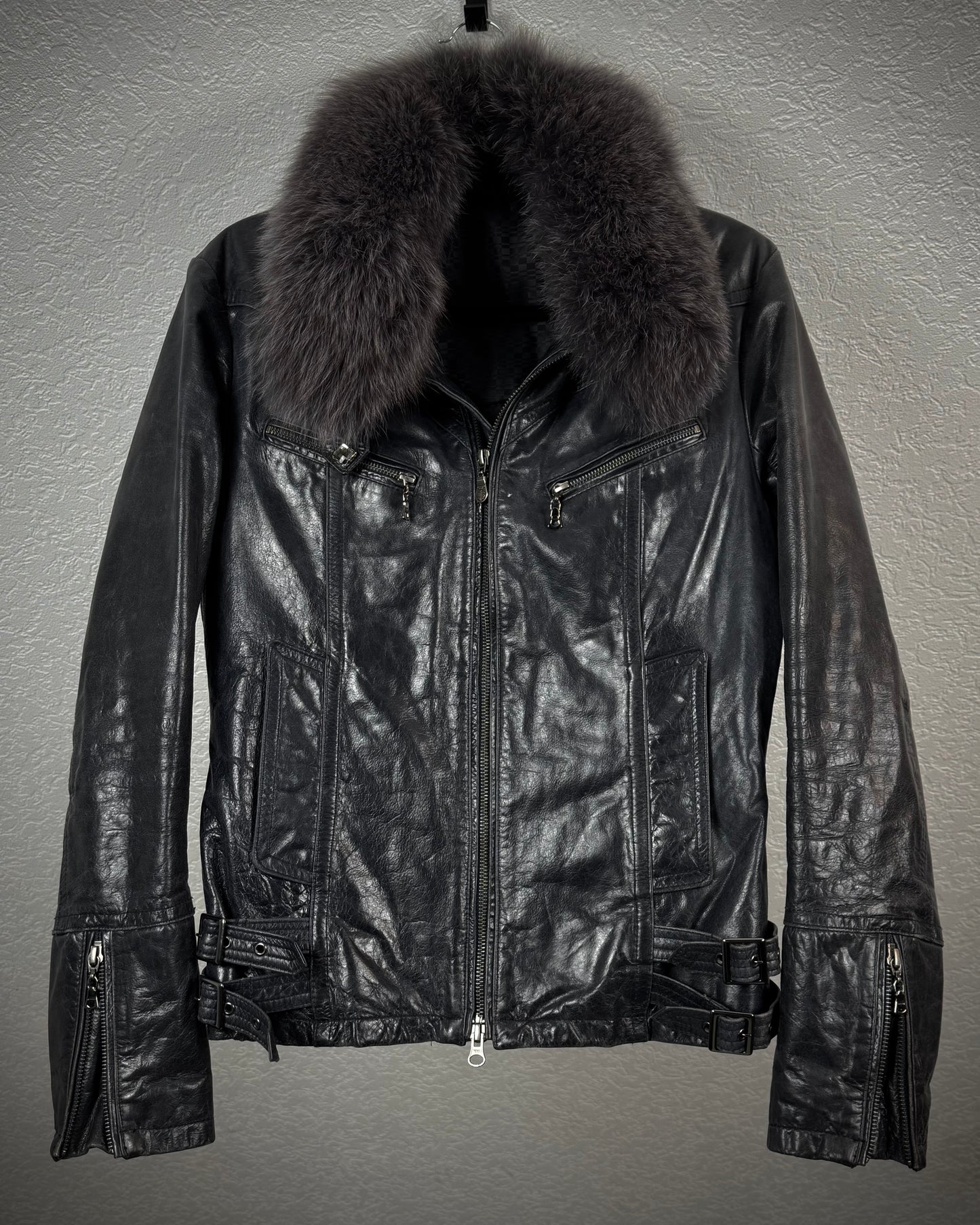 Tornado Mart Raccoon Fur Collar Cowhide Leather Jacket
