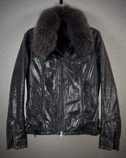 Tornado Mart Raccoon Fur Collar Cowhide Leather Jacket