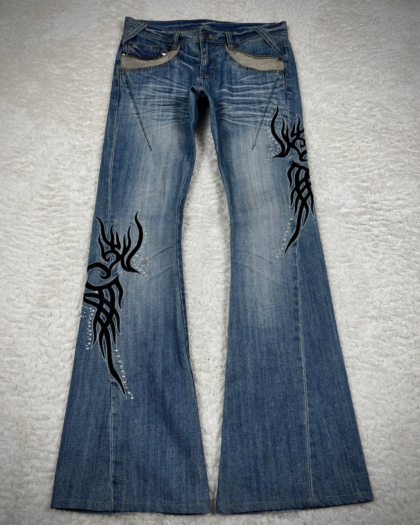 Tornado Mart Tribal Embroidery Studded Flared Jeans