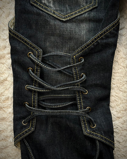 Tornado Mart Knee Back Lace Up Flared Denim