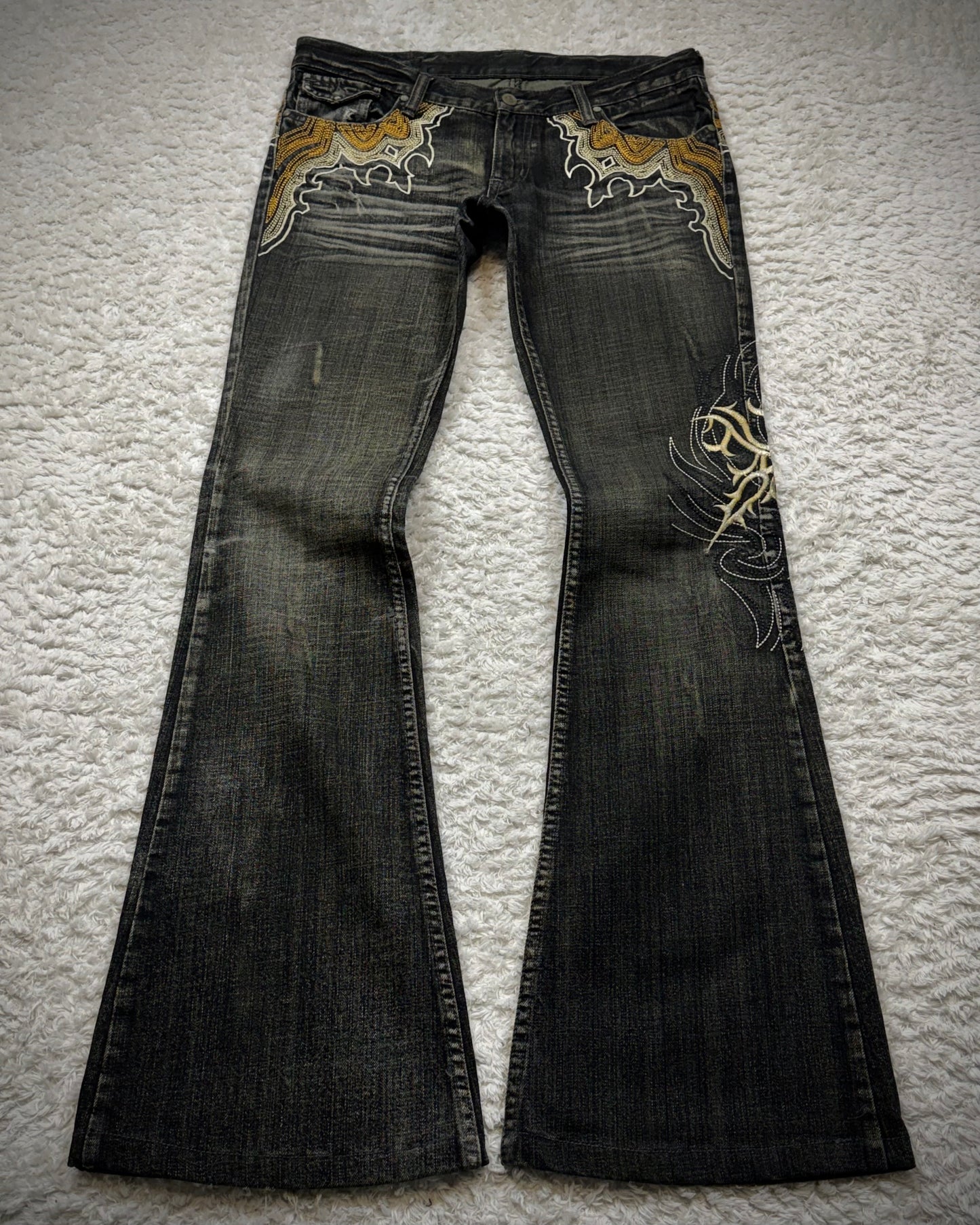 Tornado Mart Cyber Tribal Embroidery Flared Jeans