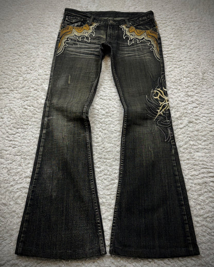 Tornado Mart Cyber Tribal Embroidery Flared Jeans