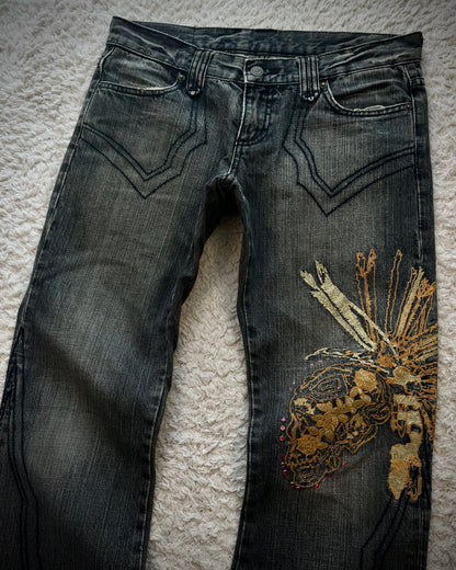 Tornado Mart Tribe Skull Embroidery Flared Jeans