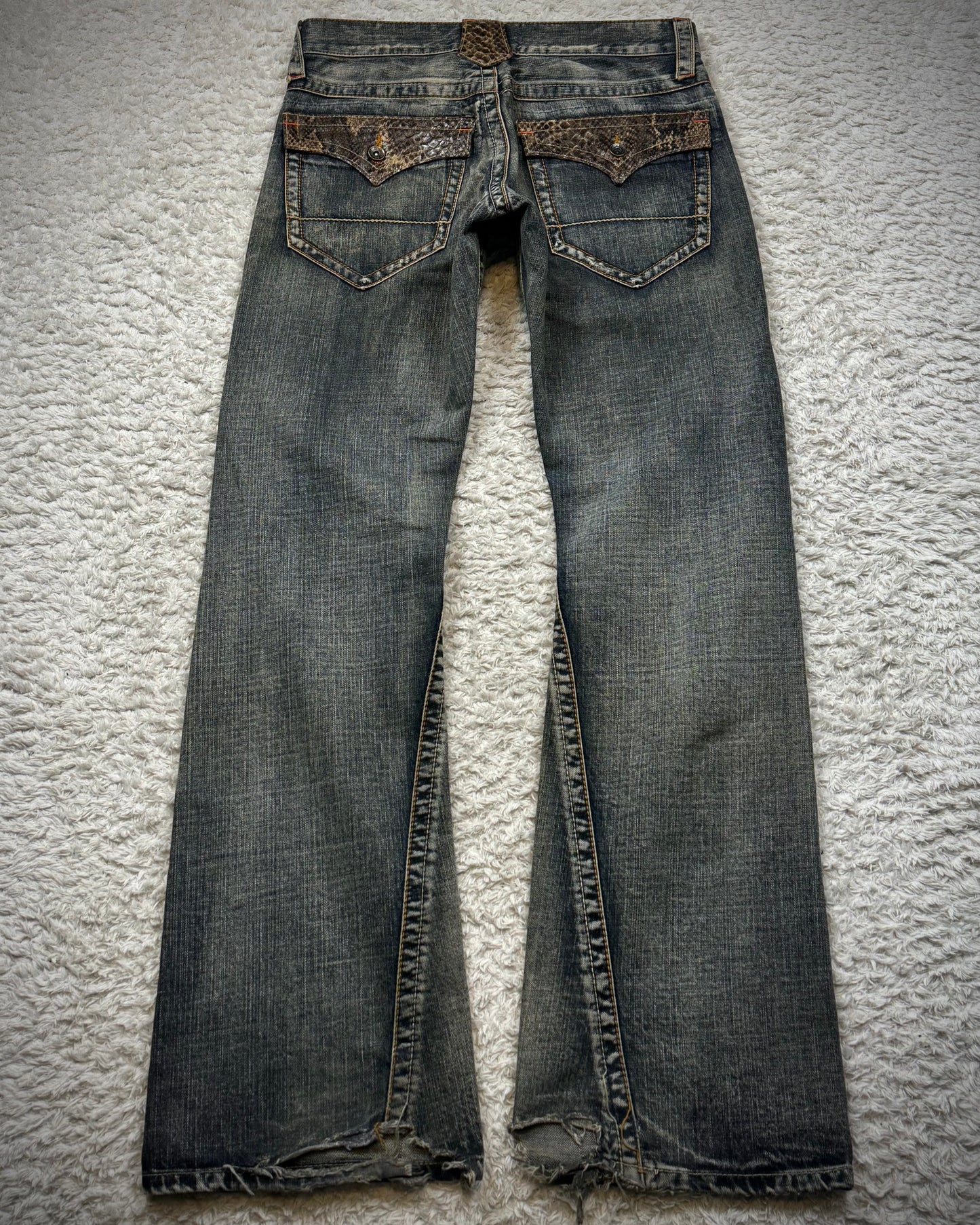 Semantic Design Python Flaps Mud Washed Spiral Flared Jeans