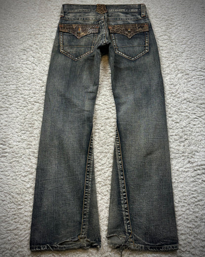 Semantic Design Python Flaps Mud Washed Spiral Flared Jeans