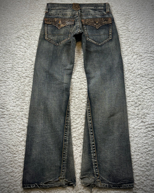 Semantic Design Python Flaps Mud Washed Spiral Flared Jeans