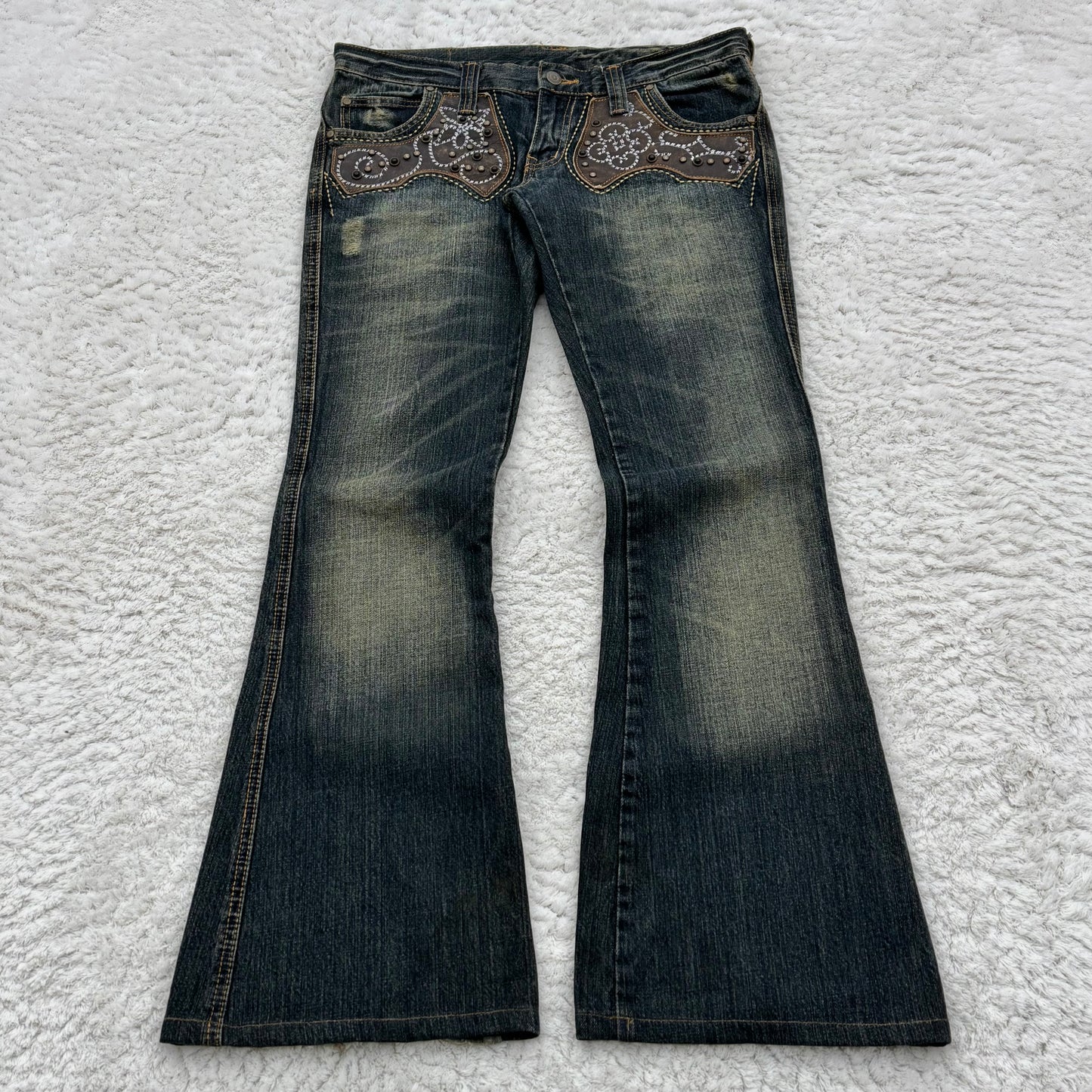 Tornado Mart Mud Wash Western Studded Flared Jeans