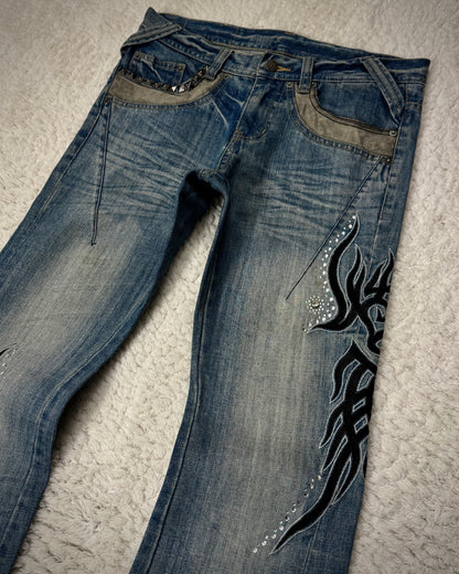 Tornado Mart Tribal Embroidery Studded Flared Jeans
