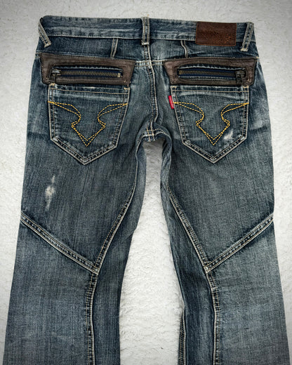 Tornado Mart Leather Detailed Paneled Construction Flared Jeans