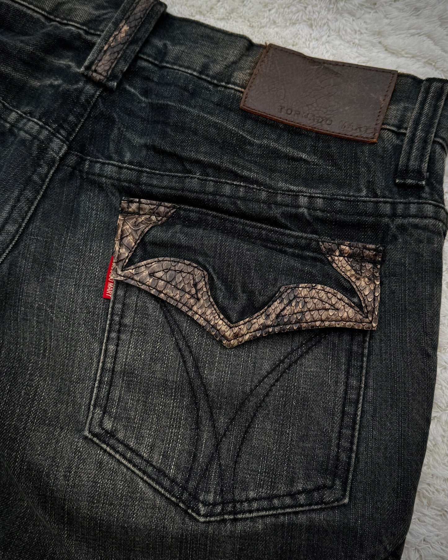 Tornado Mart Mud Washed Python Detailed Lace Up Flared Jeans