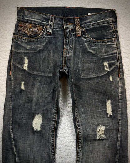 Semantic Design Python Flaps Mud Washed Spiral Flared Jeans
