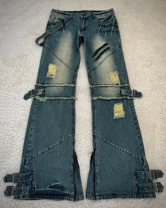 Black Baccara Mud Washed Belted Straps Flared Jeans