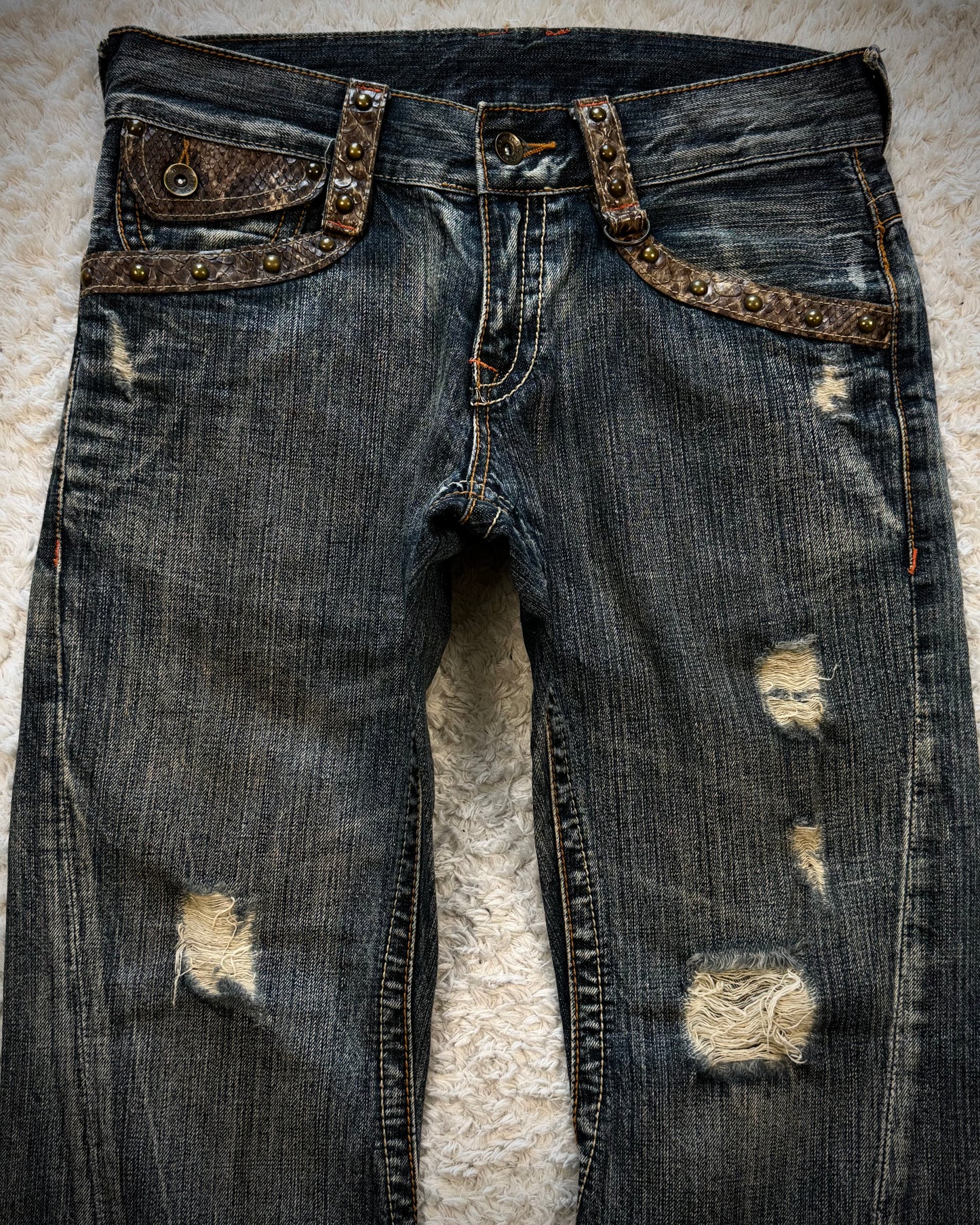 Semantic Design Python Detailed Lace Up Pocket Spiral Flared Jeans