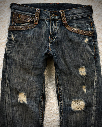 Semantic Design Python Detailed Lace Up Pocket Spiral Flared Jeans