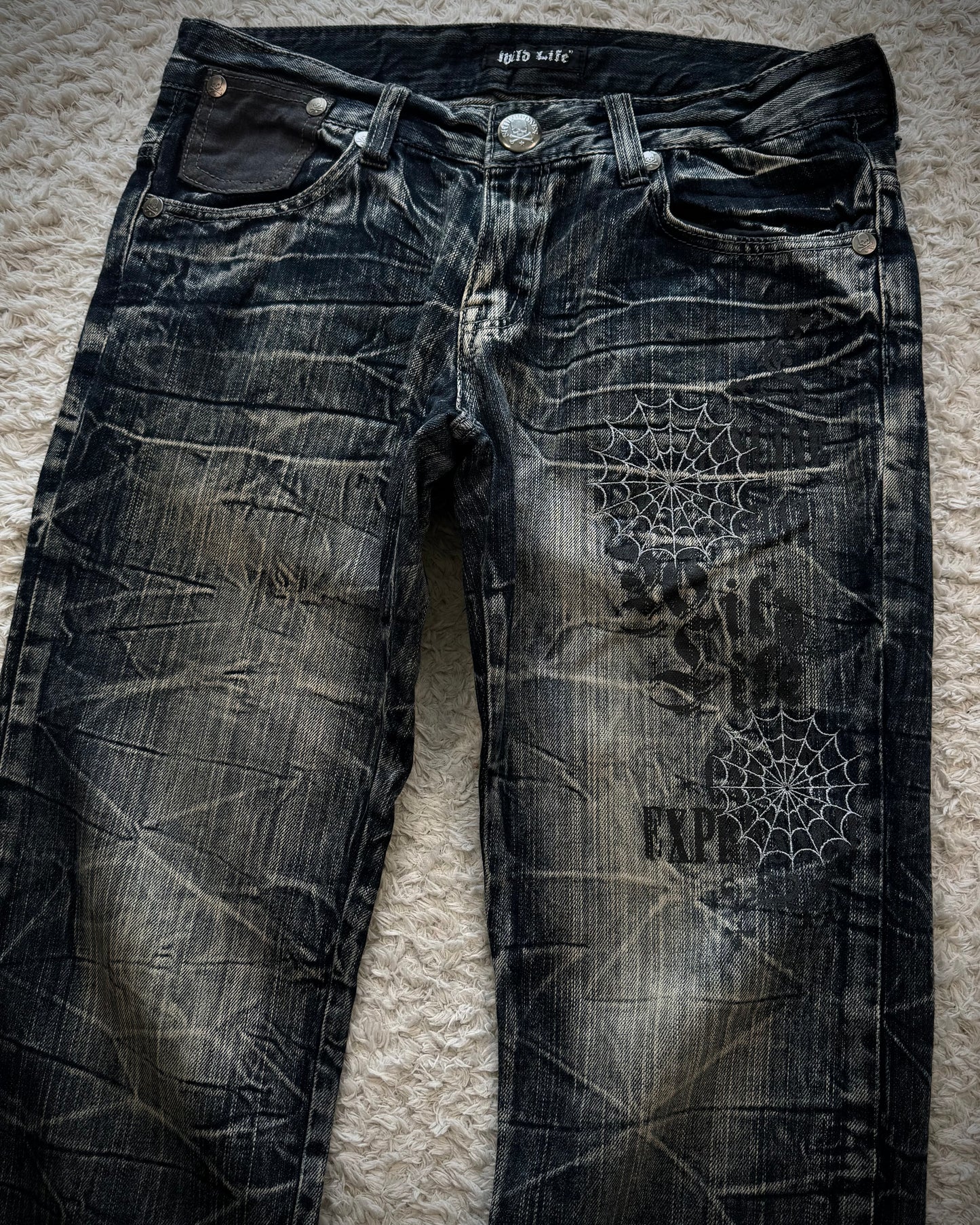 Wild Life Spider Web Honeycomb Washed Flared Jeans