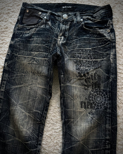 Wild Life Spider Web Honeycomb Washed Flared Jeans