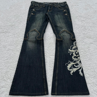 Tornado Mart Tribal Tattoo Embroidery Flared Jeans