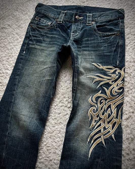 Tornado Mart Tribal Embroidery Spiral Flared Jeans
