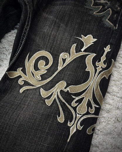 Tornado Mart Tribal Embroidery Spiral Flared Jeans