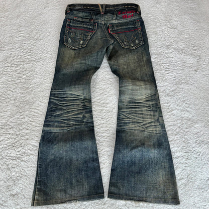 Tornado Mart Mud Wash Leather Tassel Zippers Flared Jeans