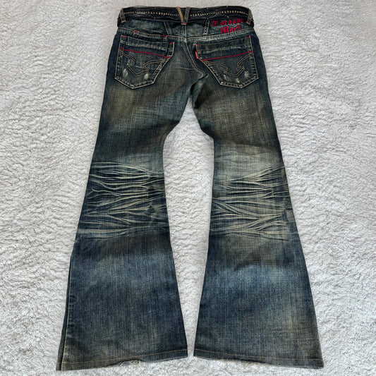 Tornado Mart Mud Wash Leather Tassel Zippers Flared Jeans