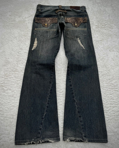 Tornado Mart Python Detailed Distressed Flared Jeans