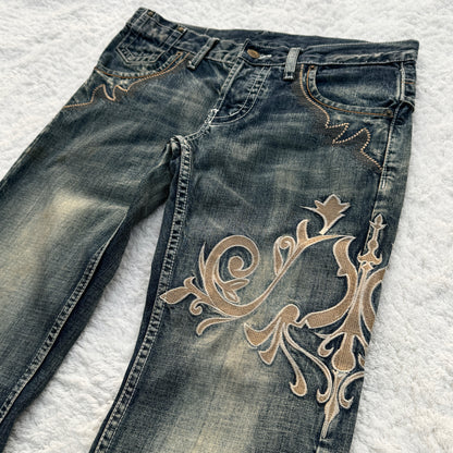 Tornado Mart Mud Wash Tribal Embroidery Flared Jeans