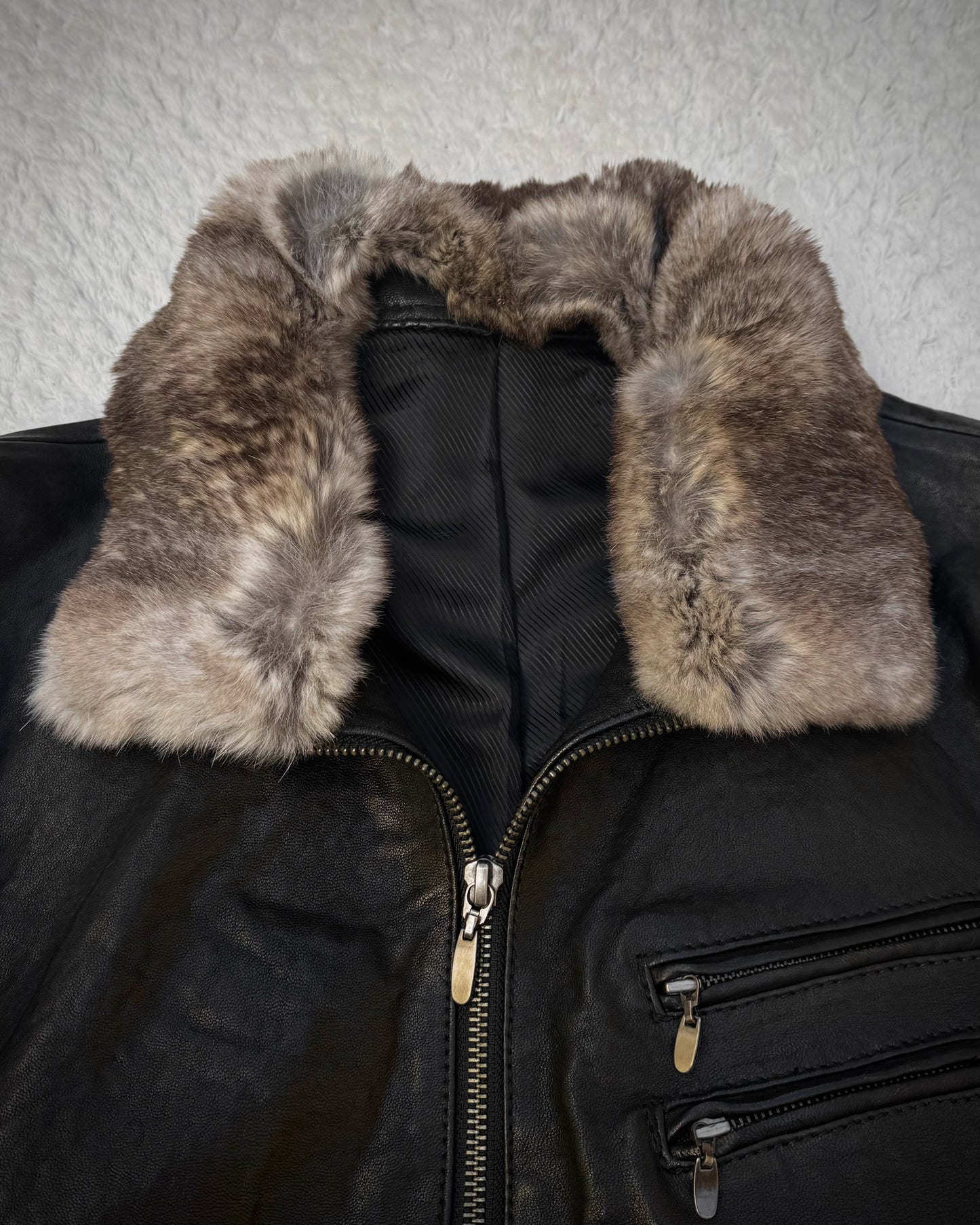 Comme Ça Men Rabbit Fur Collar Sheepskin Leather Jacket
