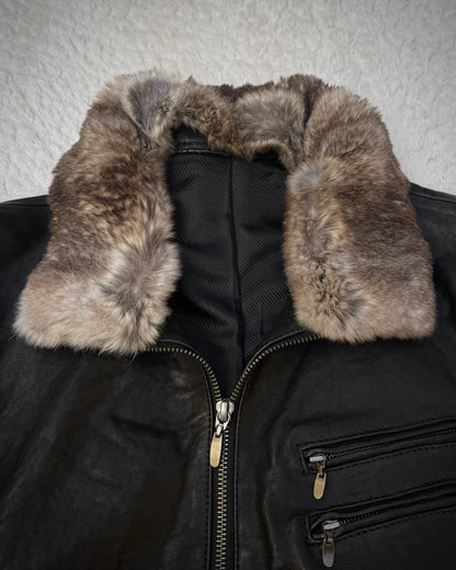 Comme Ça Men Rabbit Fur Collar Sheepskin Leather Jacket