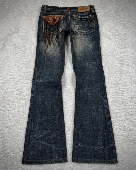 Maraxia Vintage Leather Flap Tassel Pocket Flared Jeans