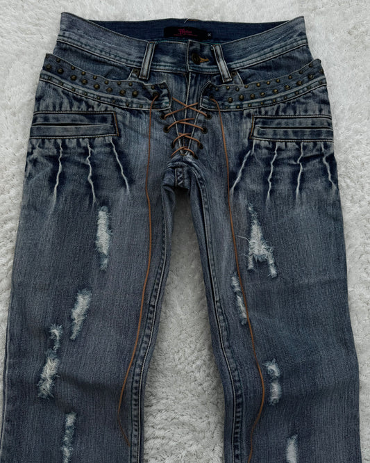 Midas Double Waisted Lace Up Studded Flared Jeans