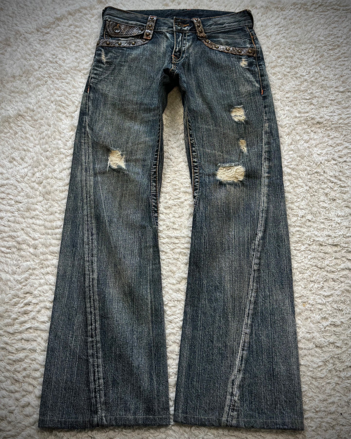 Semantic Design Python Detailed Lace Up Pocket Spiral Flared Jeans