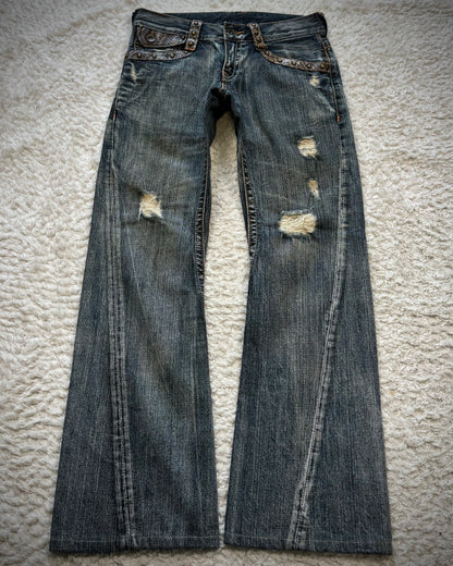 Semantic Design Python Detailed Lace Up Pocket Spiral Flared Jeans