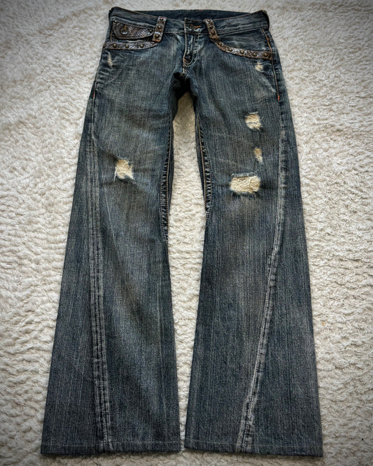 Semantic Design Python Detailed Lace Up Pocket Spiral Flared Jeans