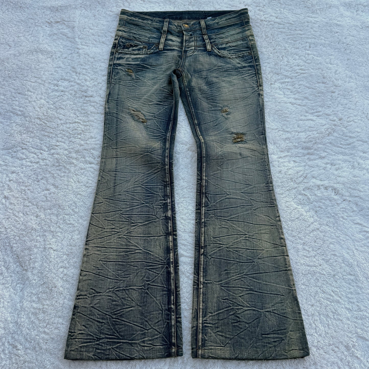 Agate Double Waist Pierced Mud Wash Flared Jeans