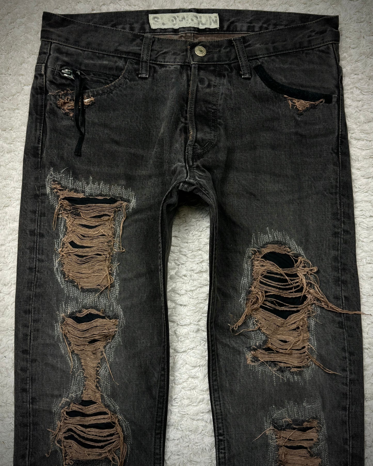 Slow Gun Mud Washed Stitch Repaired Distressed Slim Cut Denim