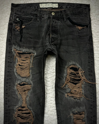Slow Gun Mud Washed Stitch Repaired Distressed Slim Cut Denim