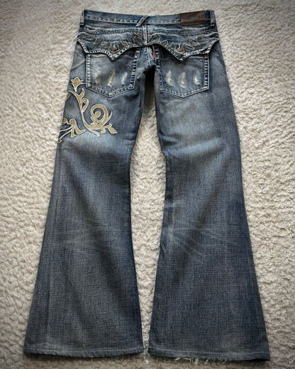 Tornado Mart Tribal Embroidery Spiral Flared Jeans